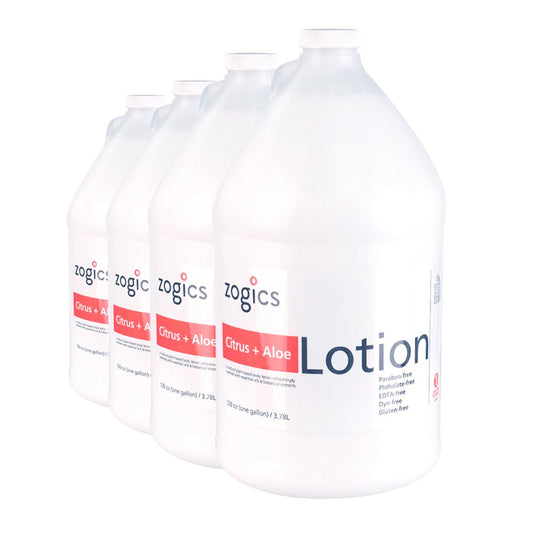 Zogics Moisturizing Body Lotion, Hydrating Body Lotion for Women and Men, Nourishing Formula Made with Essential Oils, Great for Refillable Lotion, Citrus and Aloe Scent (4 Gallons/Case)