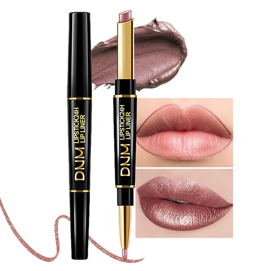 Kaely 2-in-1 Nude Brown Metallic Shine Shimmer Lip Liner & Lipstick Combo Set Kit for Women, Lightweight Hydrating Formula High Impact Full Coverage Lipstick and Lip Liner Makeup Gloss 18