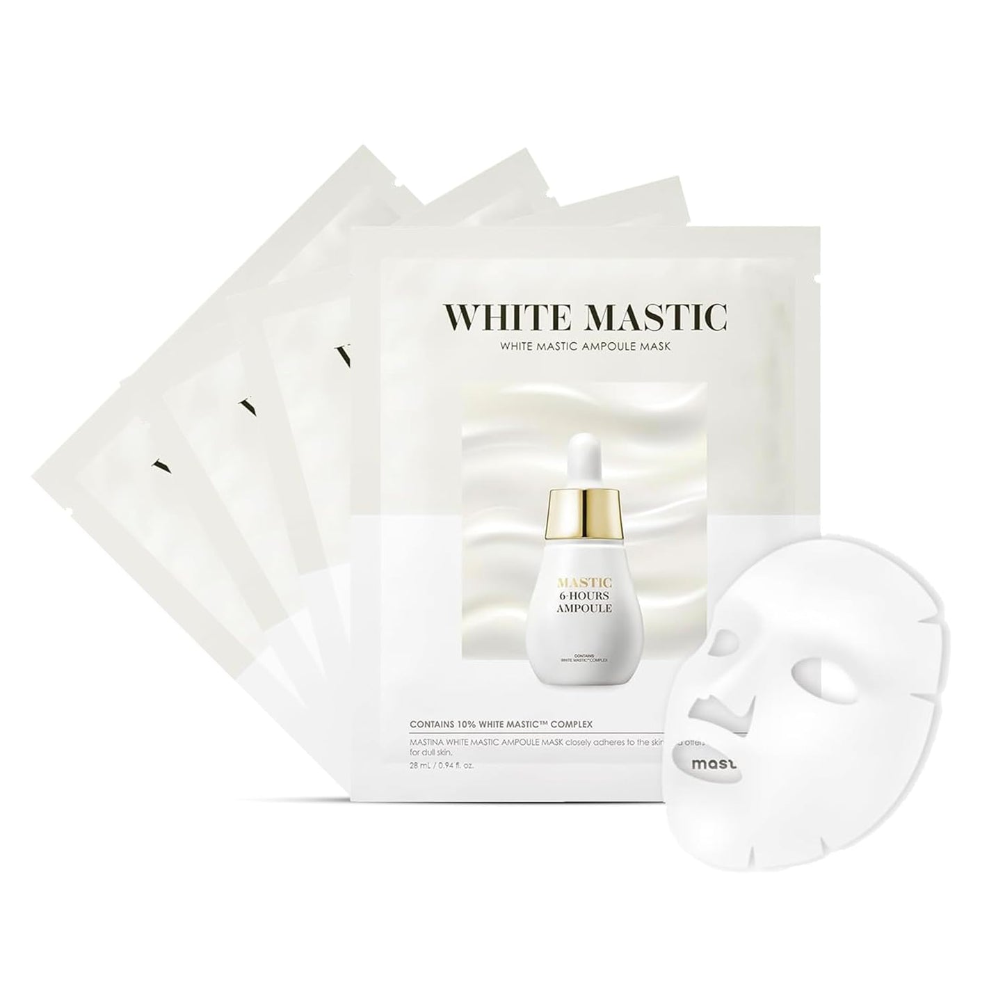 MASTINA White Mastic Ampoule Sheet Mask (4pc) Illuminating, Radiance-Boosting. Ultra-Moisturizing Facial Mask. Intensive Korean Skin Care. Fermented Mastic Gum