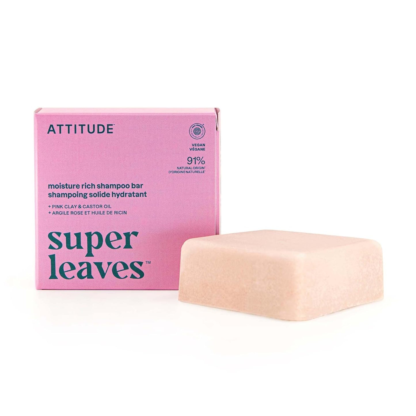 ATTITUDE Moisture Rich Shampoo Bar, Natural Origin, for Ultra Dry and Damaged Hair, Castor Oil & Pink Clay, EWG Verified & Clean ingredients, Vegan, Coconut & Wild Berries, 4 Oz
