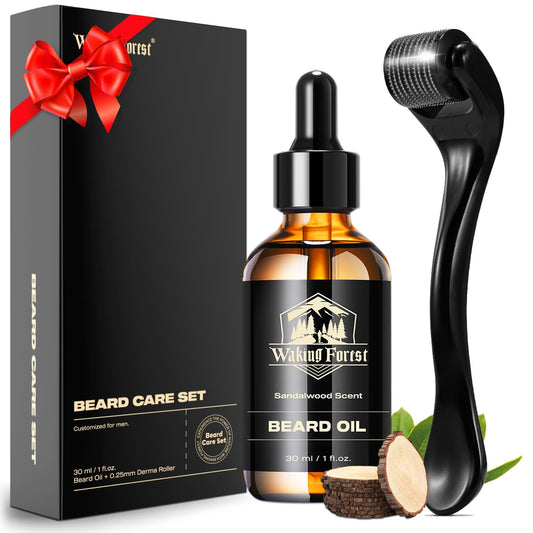 Waking Forest Derma Roller 0.25mm & Beard Oil(1oz), Sandalwood Beard Kit, Microneedle Beard Roller with 540 Titanium, Natural Moisturize with Vitamin E Beard Oil for Men, Fathers Boyfriend Dad