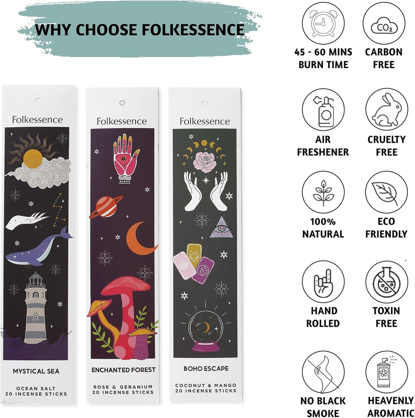 Folkulture Incense Sticks | Set of 6 (120 Organic Insence-Sticks) for Positive Aura with 45 Mins Burn Time | Non Toxic Coconut Mango, Aqua, Green Tea, Rose Geranium, Orange Blossom Inscents-Sticks